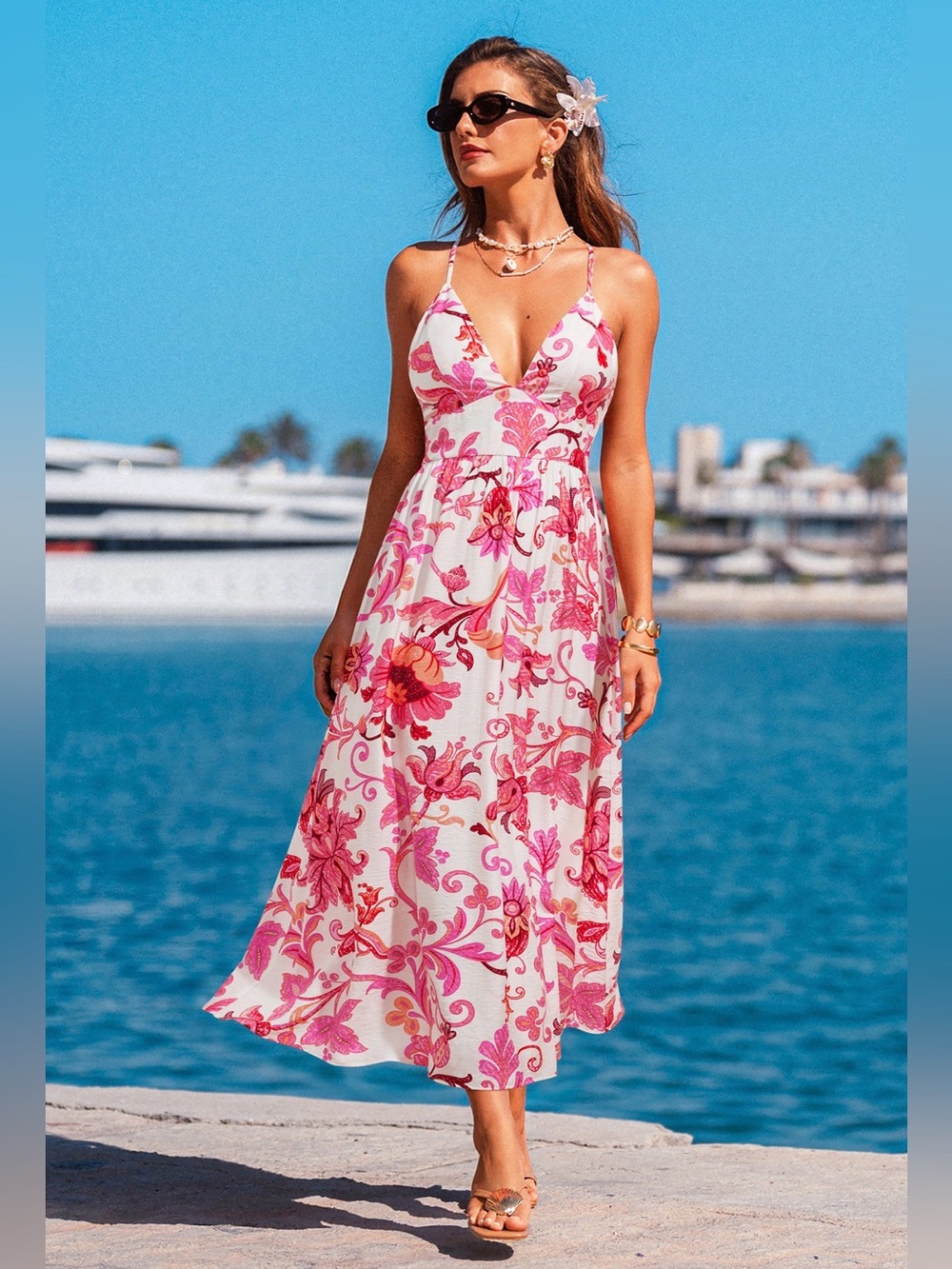 White & Pink Floral Sunset Spaghetti Strap Midi Dress
